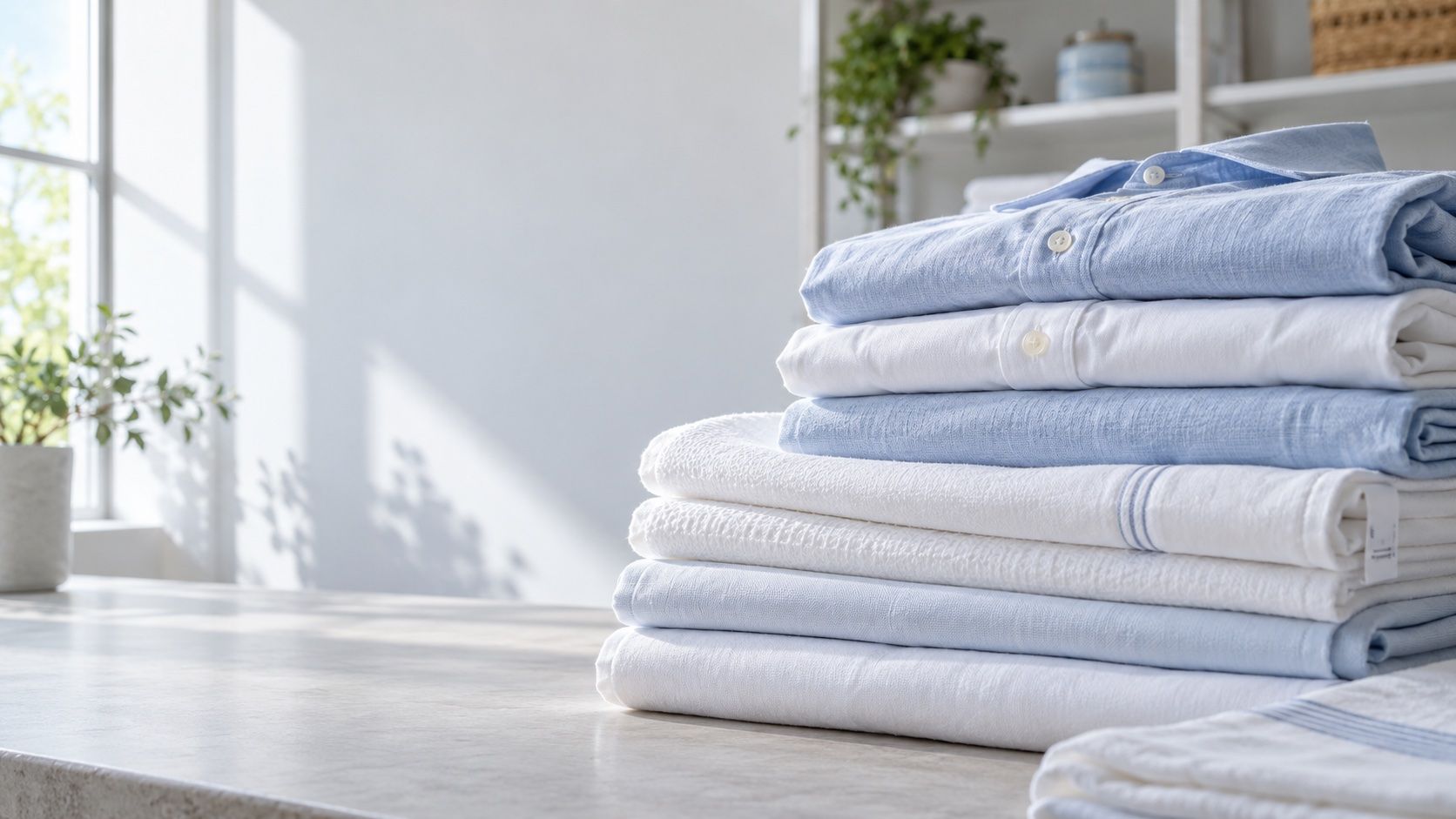 Freshly folded shirts and towels on a laundry counter